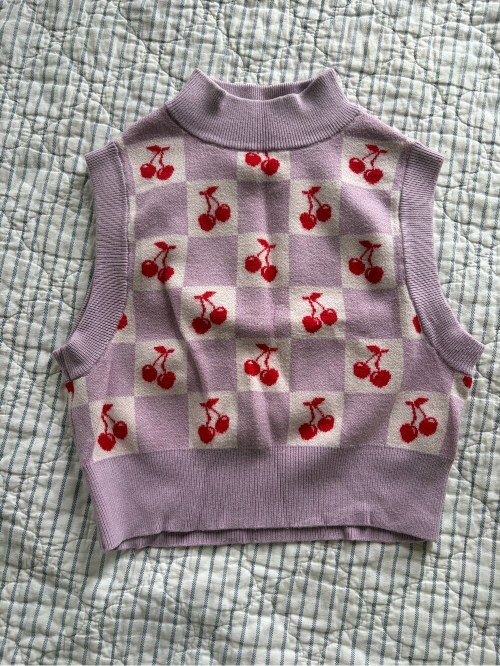 Lavender Cherry Knit Sleeveless Cropped Sweater Vest